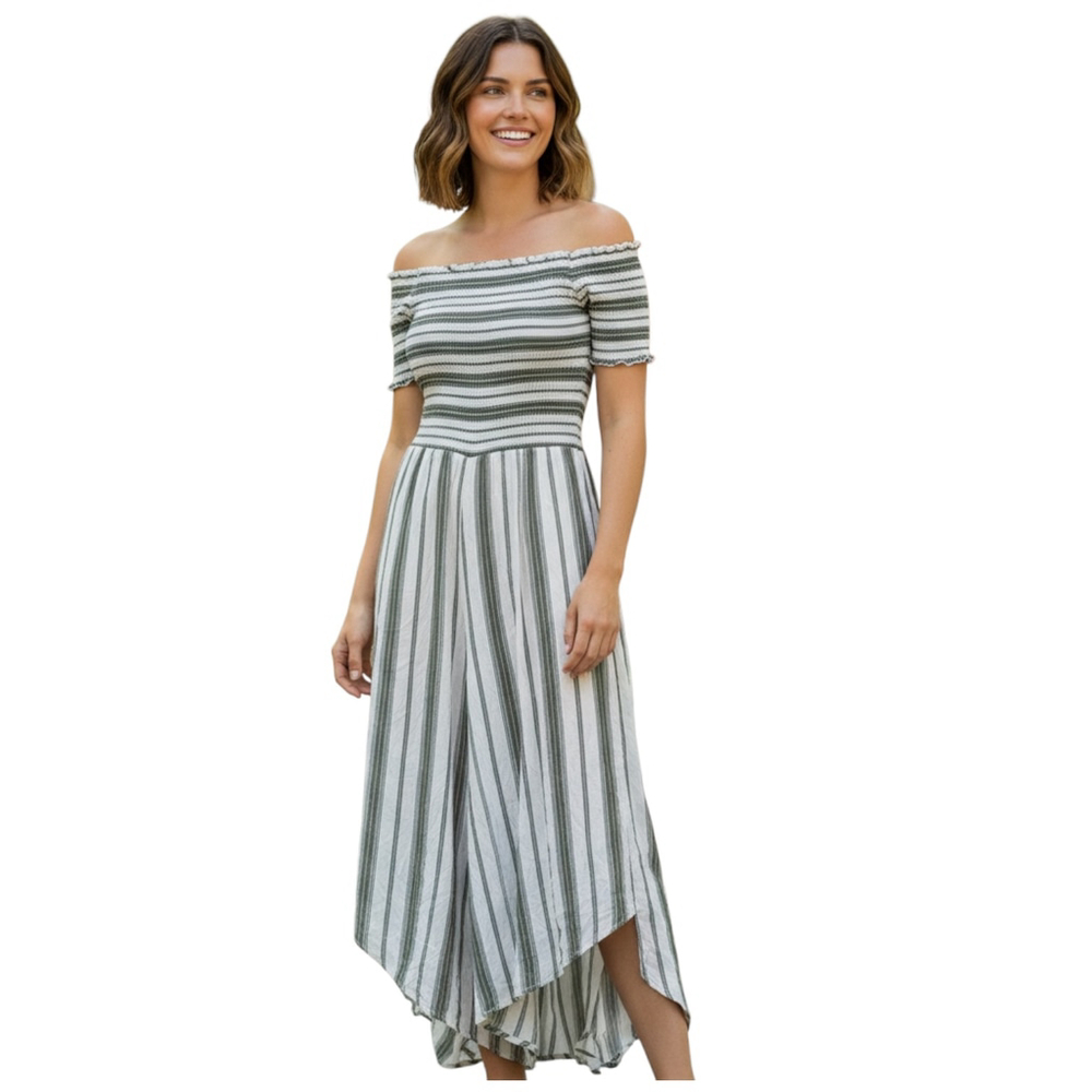 J for Justify Off Shoulder Striped Jumpsuit M White Gray Vacation Festival NWT
